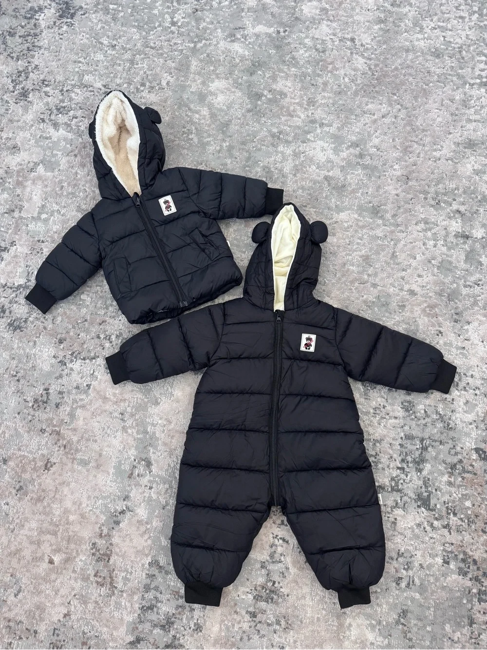 Black Puffer Baby Snowsuit and Coat with Hood Ears
